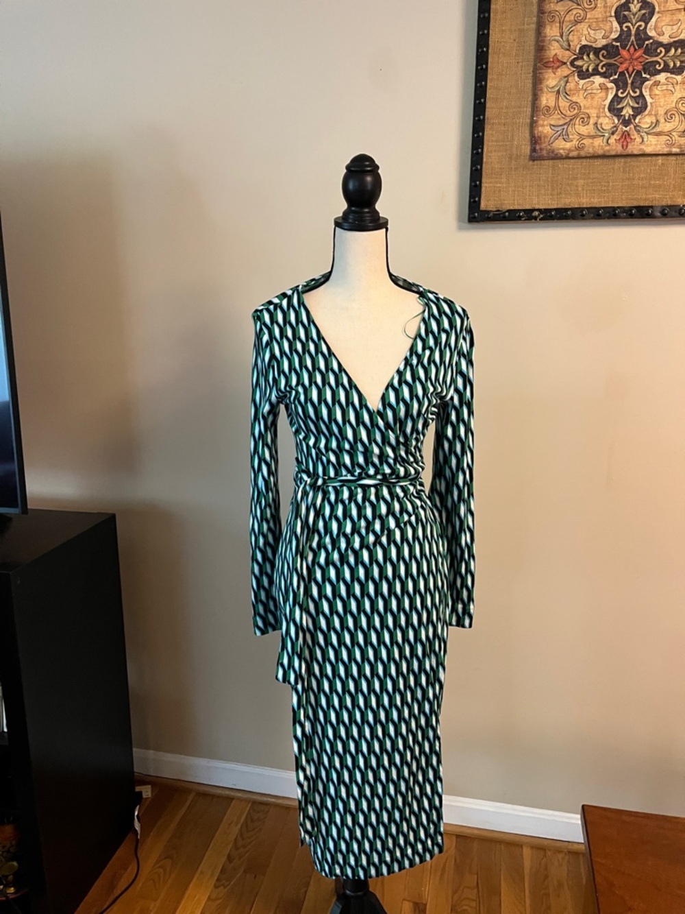 Diane Von Furstenberg Teal and Black Geometric Wrap Dress, medium